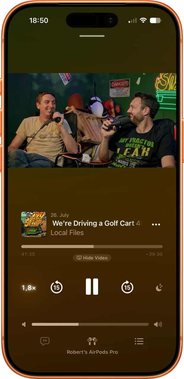 A video episode prepared by Feedcast playing in Apple Podcasts on an iPhone
