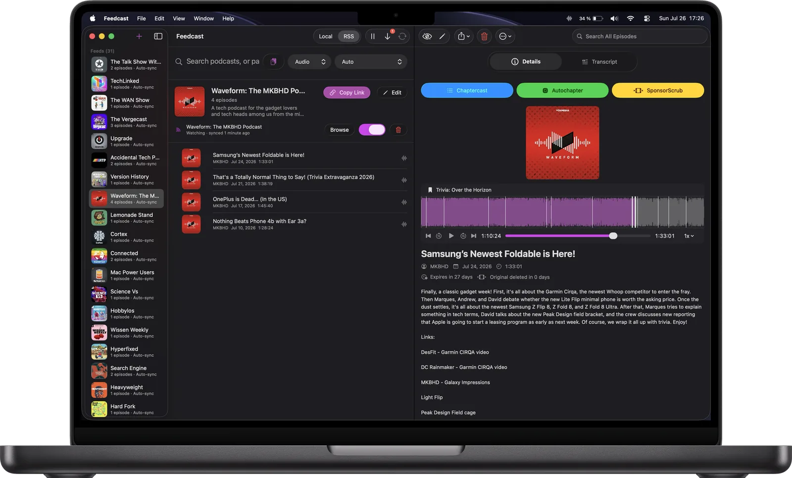 Feedcast open on a MacBook Pro, with a podcast feed and an episode selected