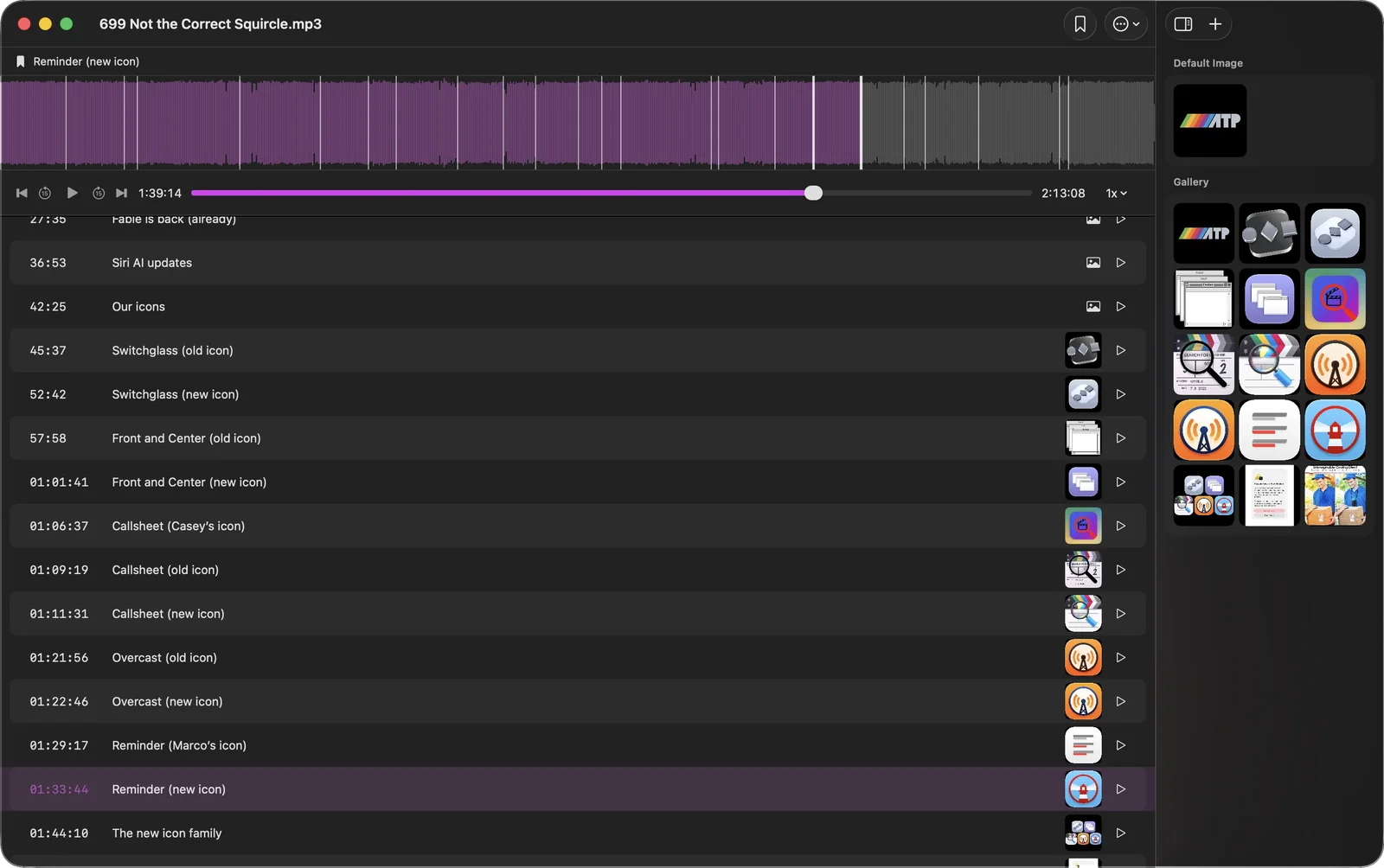 Feedcast chapter editor with chapter markers on the waveform and chapter artwork in the inspector