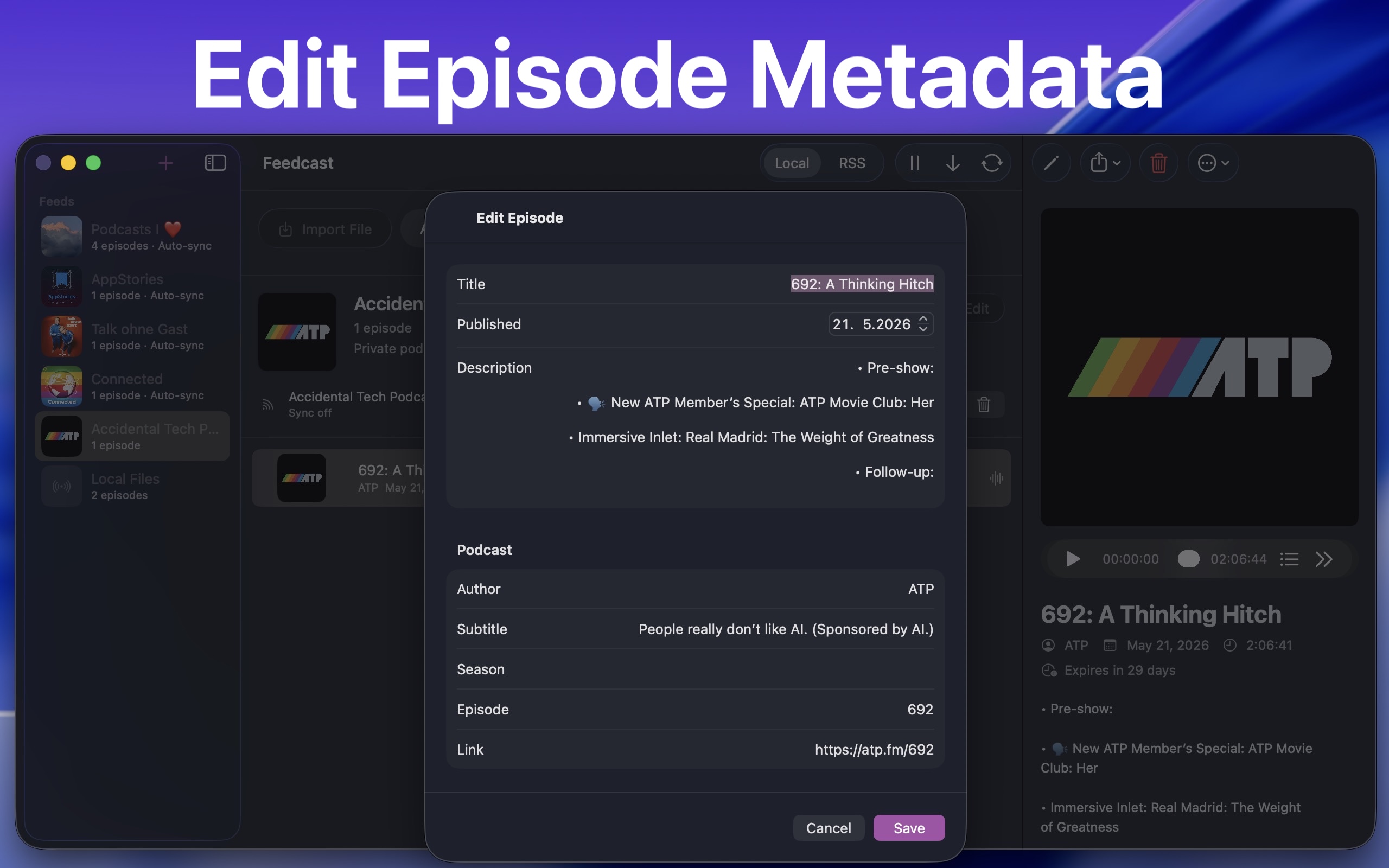 Feedcast Edit Episode metadata sheet