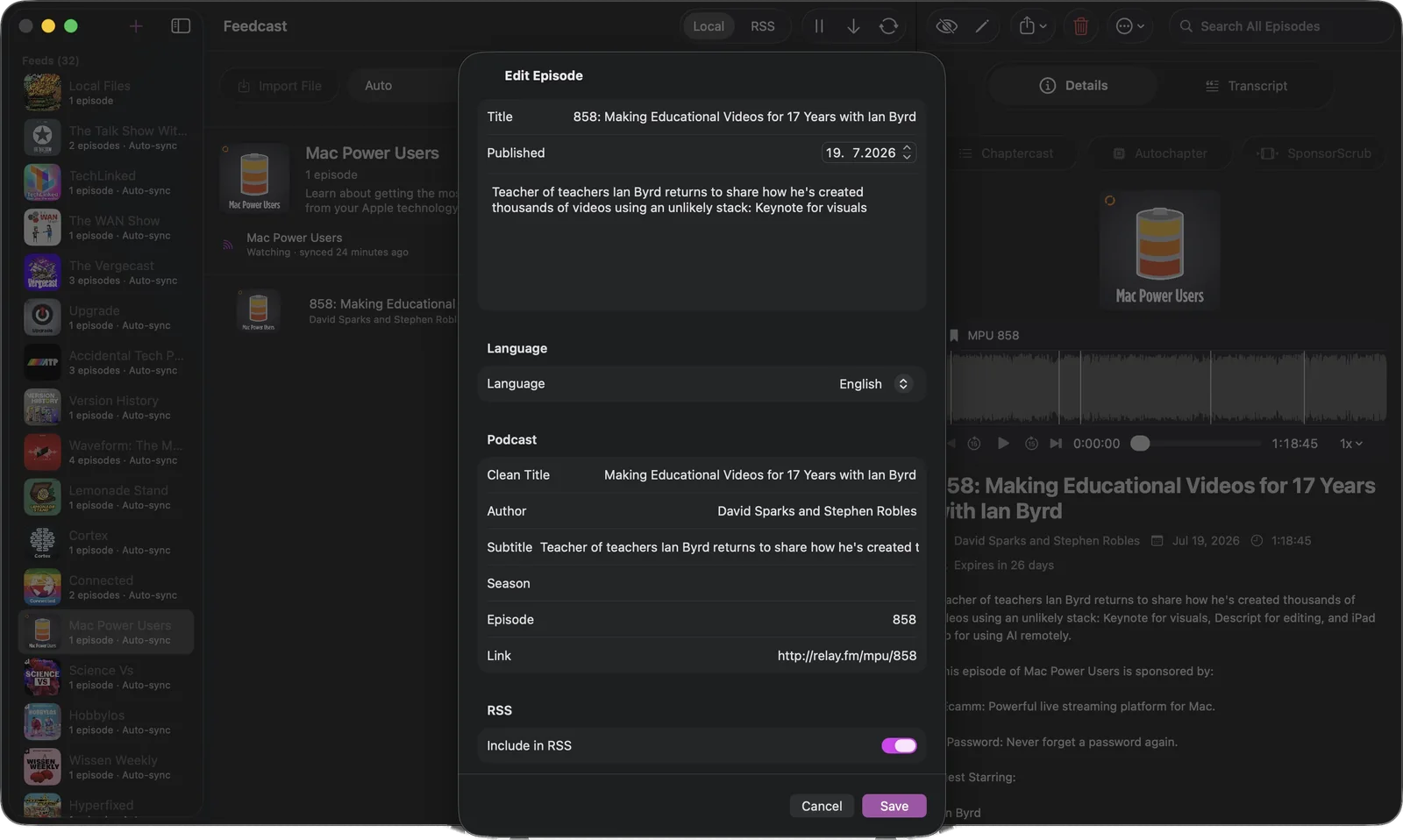The Edit Episode sheet in Feedcast with podcast RSS tags filled in