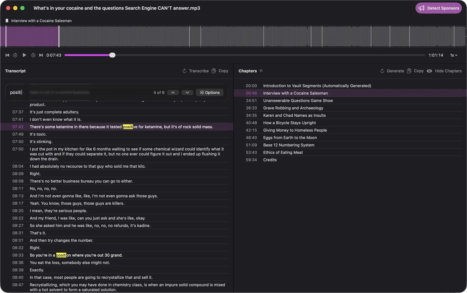 Feedcast proposing eleven chapters for a podcast episode from its transcript