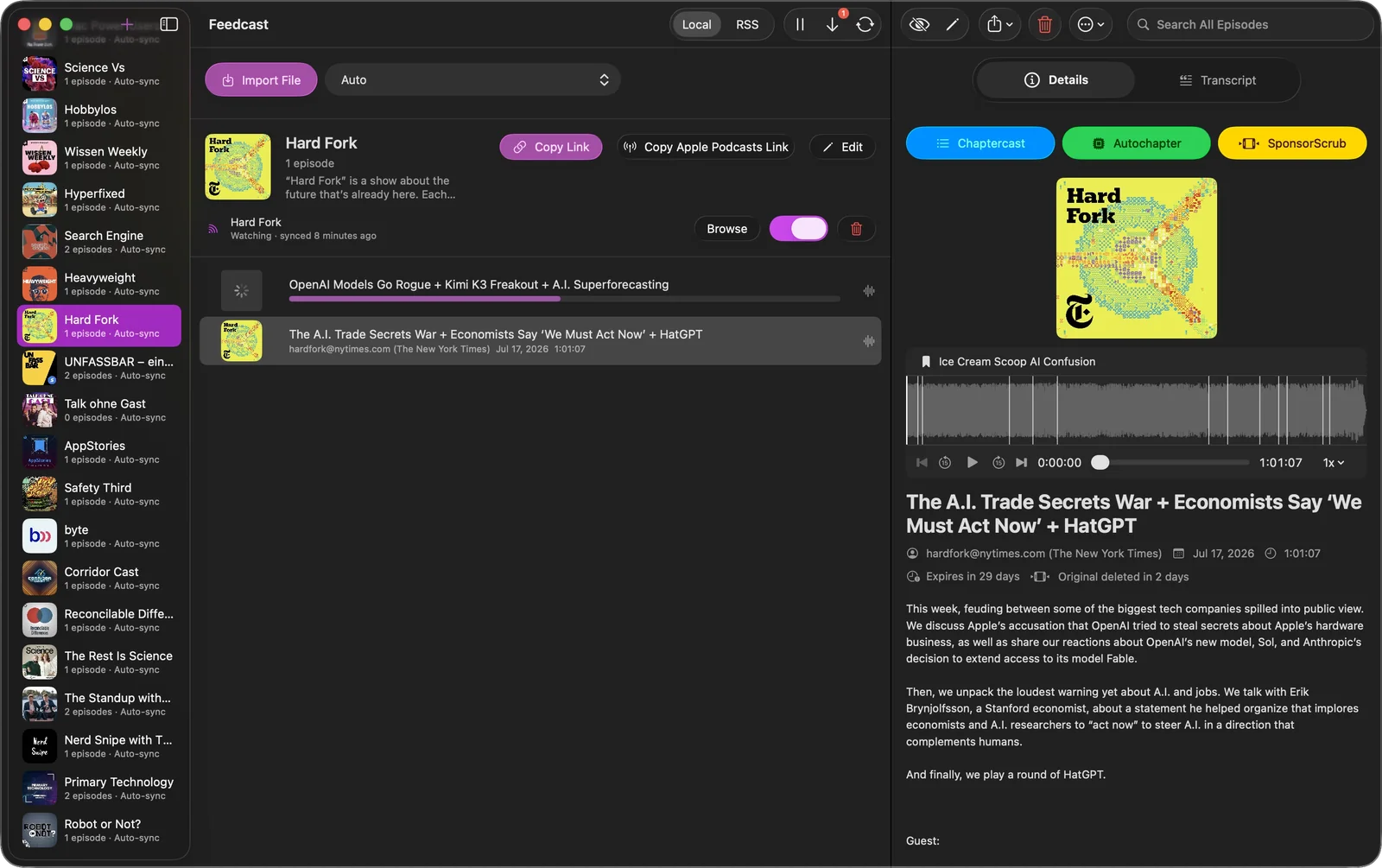 The Feedcast library on Mac with a podcast feed selected and its share link ready to copy