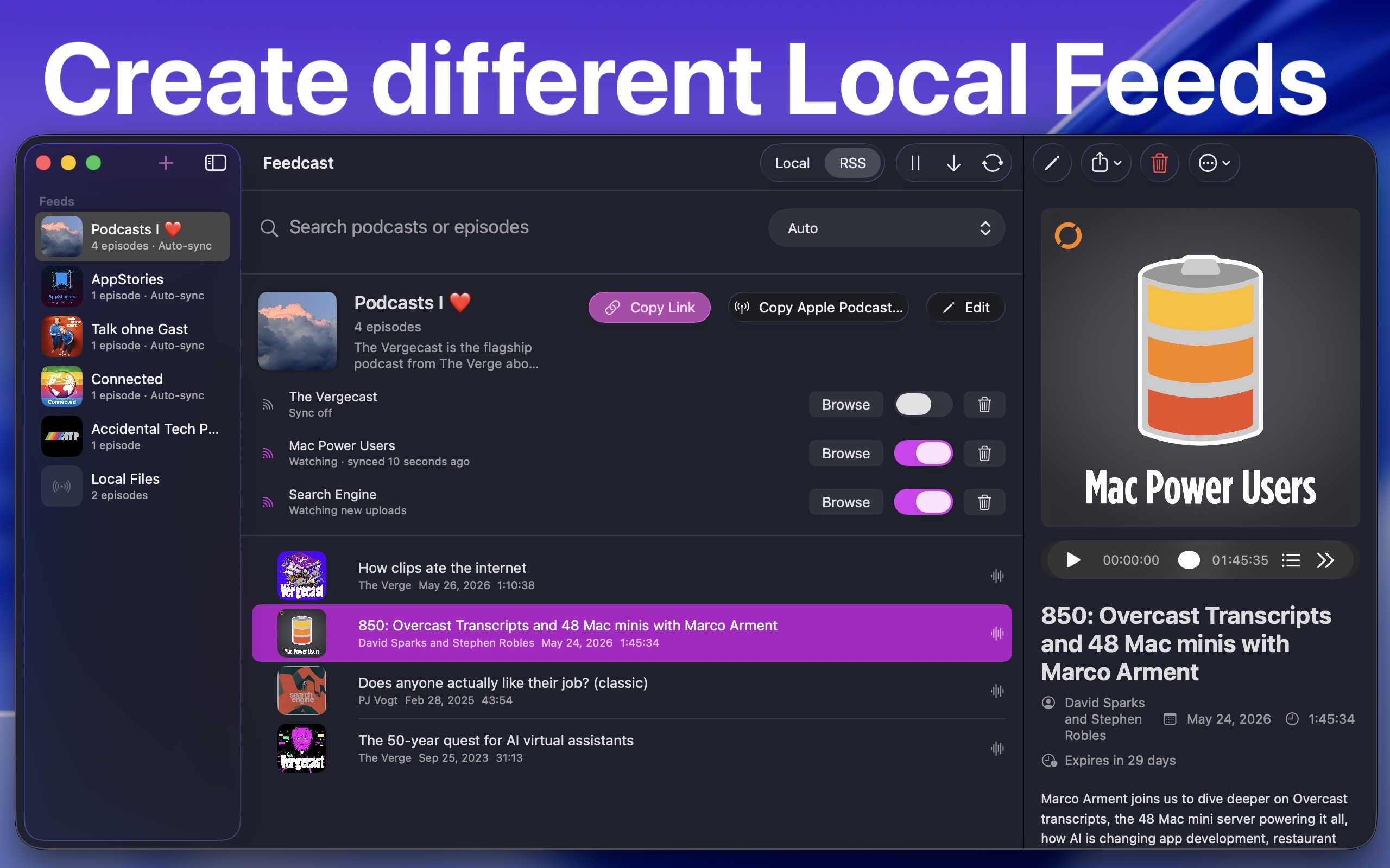 Feedcast creating different feeds with auto-sync toggles