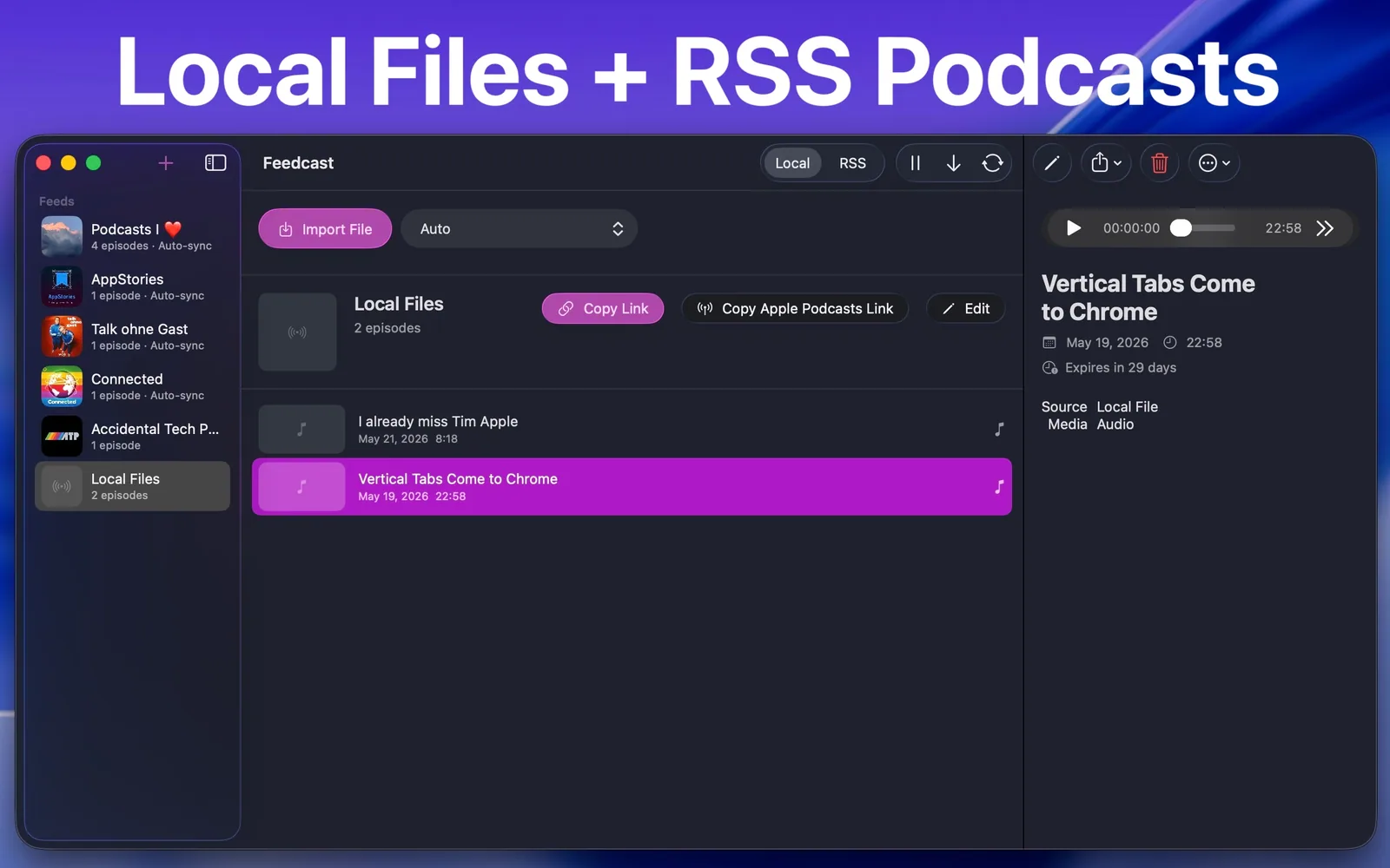 Feedcast local RSS feed interface on Mac