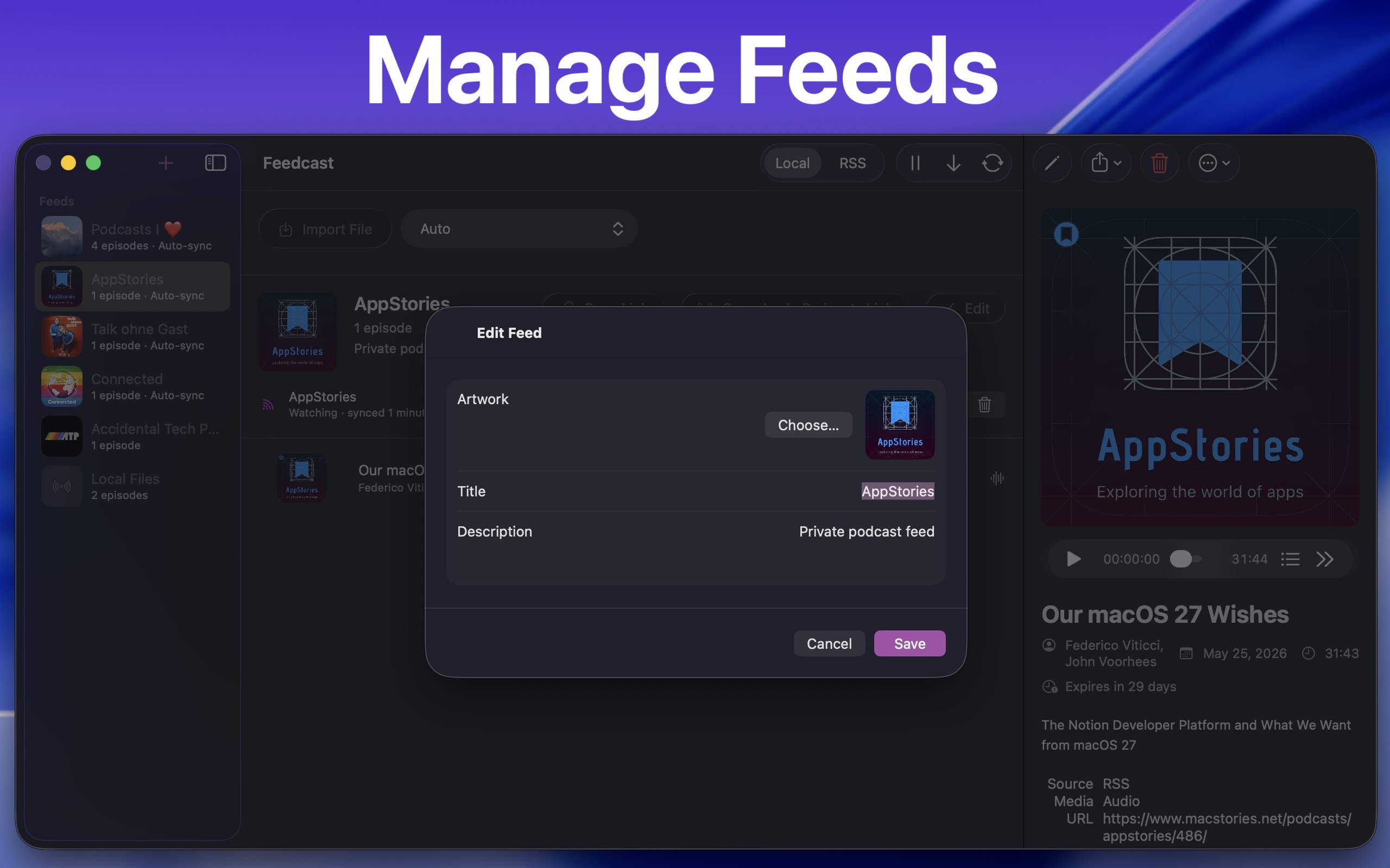 Feedcast hosting a private podcast from local files