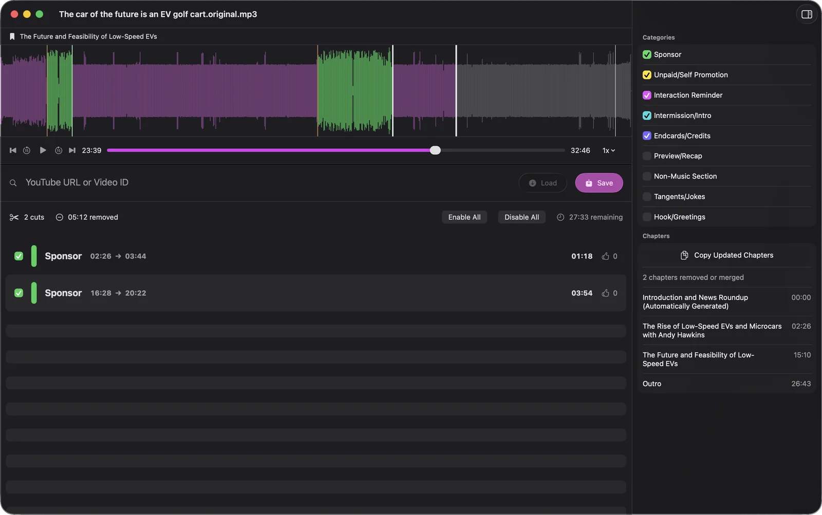 SponsorScrub in Feedcast showing two detected sponsor sections on a podcast waveform