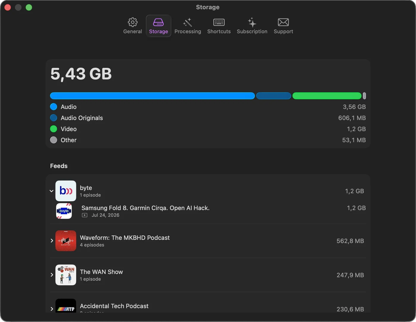 The Feedcast storage settings on Mac, listing how much space each feed and episode uses