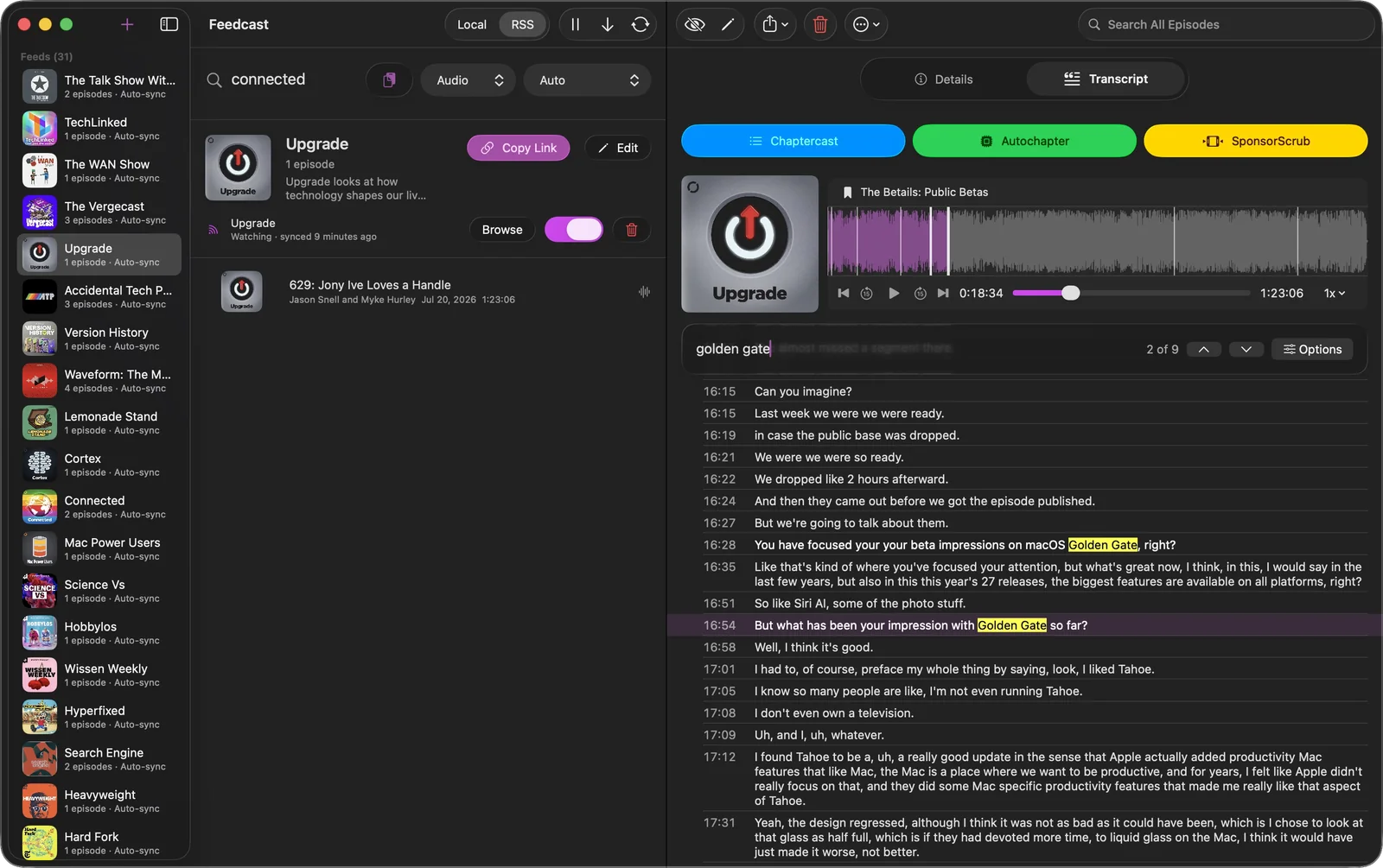 Feedcast searching a podcast transcript with timestamped matches highlighted