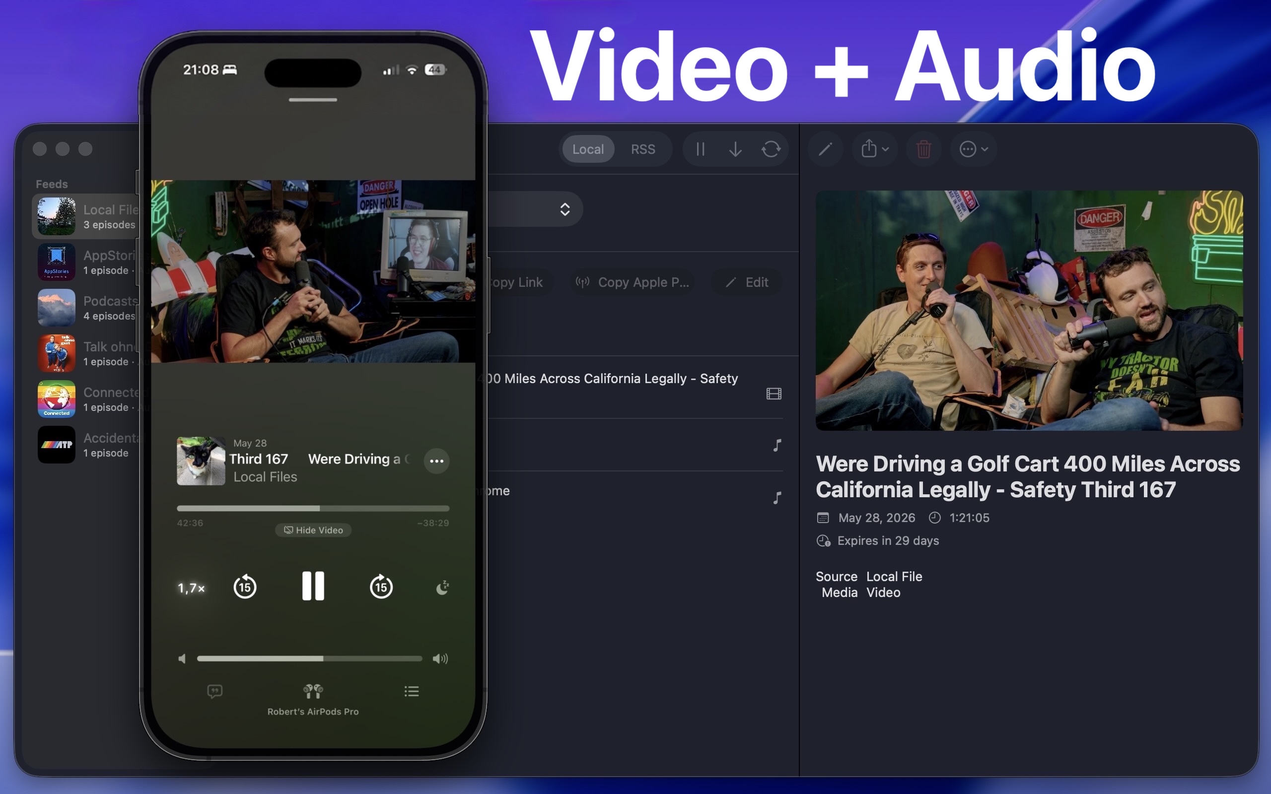 Feedcast playing a video episode on Mac and audio on iPhone